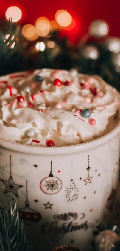 Festive Christmas mug with hot chocolate and cream, surrounded by holiday decor.