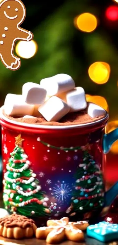 Christmas mug with marshmallows and cookies, festive lights in background.