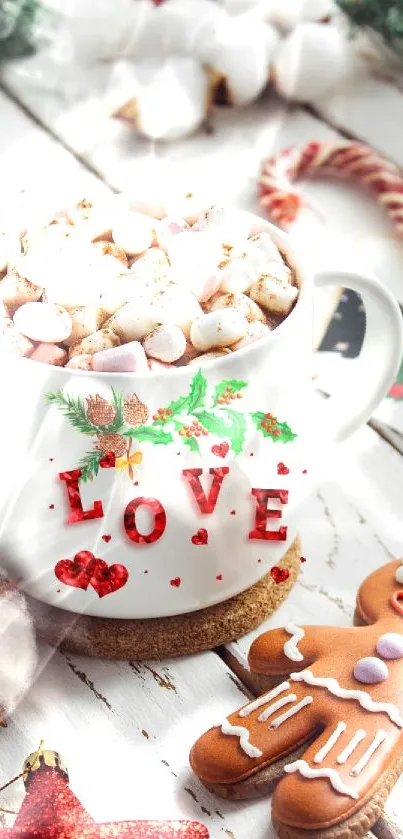 Festive mug with marshmallows and gingerbread on white background.