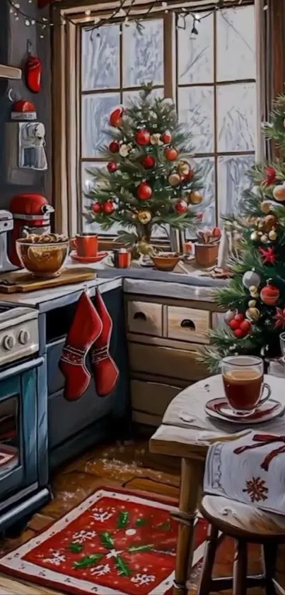 Cozy Christmas kitchen with festive decor and a glowing tree.