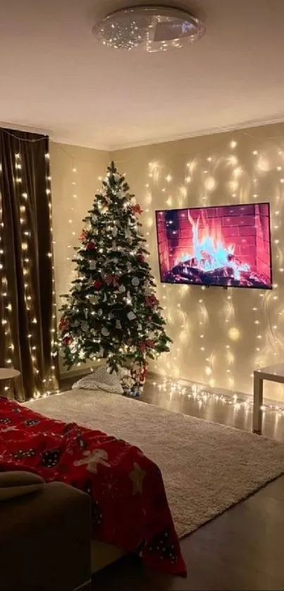 Cozy living room with Christmas tree and festive lights.