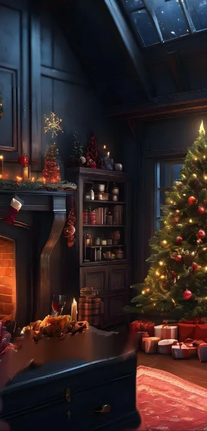 Cozy Christmas living room featuring a glowing Christmas tree and warm fireplace.