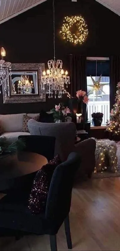 Beautifully decorated living room with Christmas tree and festive lights.