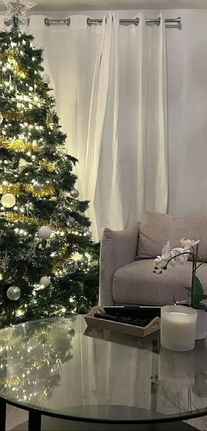 Cozy living room with Christmas tree and lights, perfect holiday ambiance.