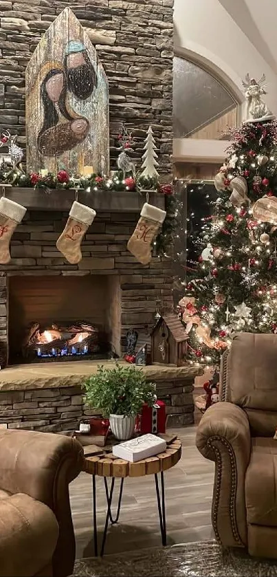 Cozy living room with Christmas decor and glowing fireplace.