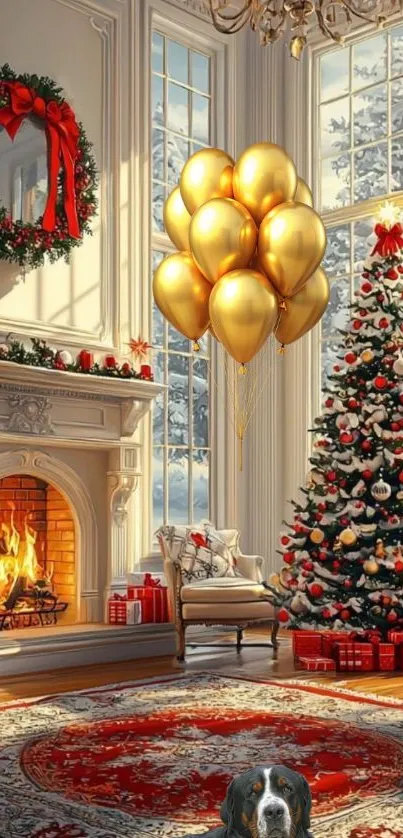 Cozy Christmas living room with golden balloons and a lit fireplace.
