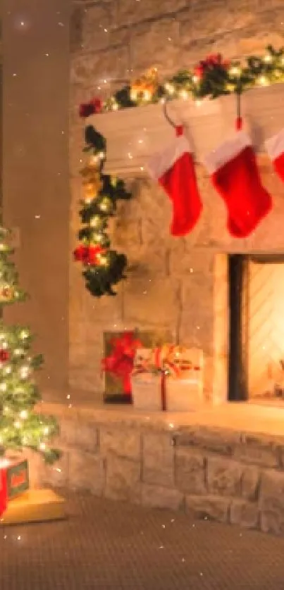 Cozy Christmas living room with tree and fireplace.