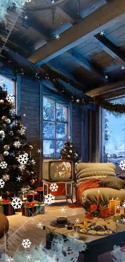 Cozy Christmas living room with festive decorations and snowy window view.