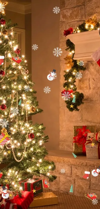 A cozy Christmas living room with a decorated tree and stockings hung by the fireplace.