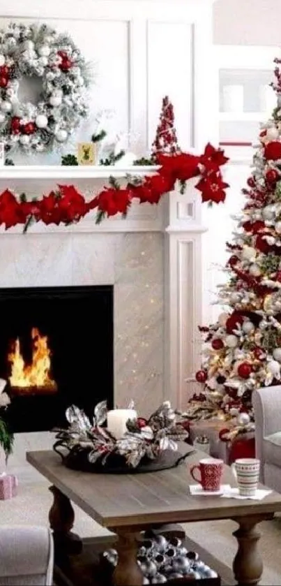 Cozy Christmas living room with tree and fireplace.