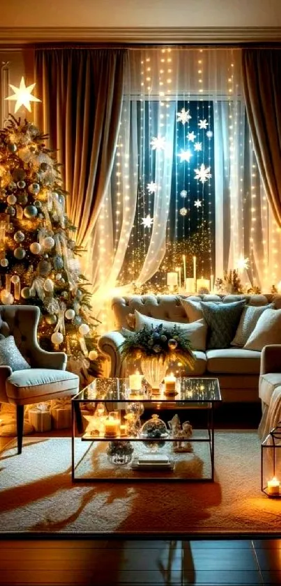 Cozy Christmas living room with decorated tree and warm lighting.