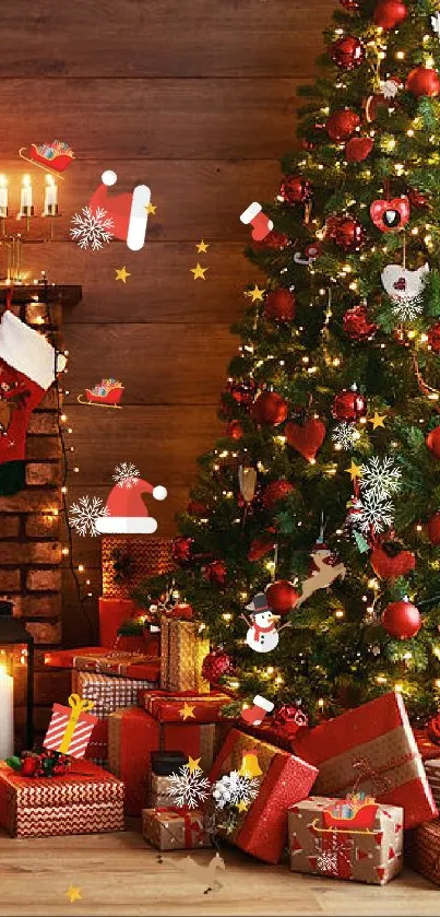 Cozy Christmas living room with tree and fireplace.