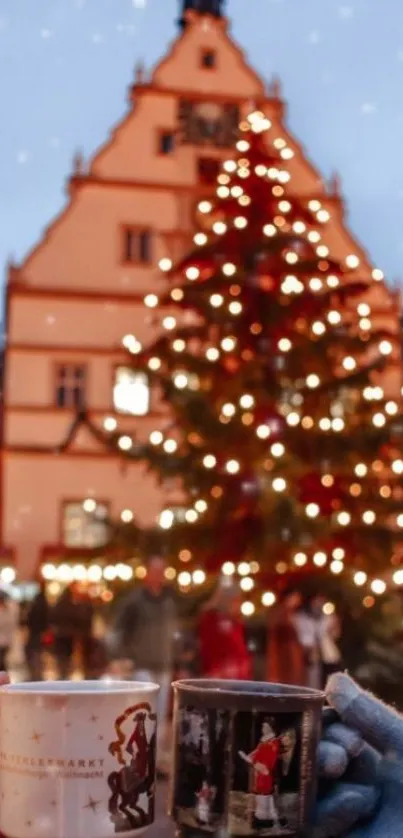 Holiday market scene with lit Christmas tree and cozy mugs.