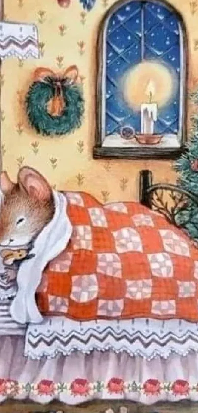 Cozy Christmas mouse sleeping in a festive room with tree and candlelight.