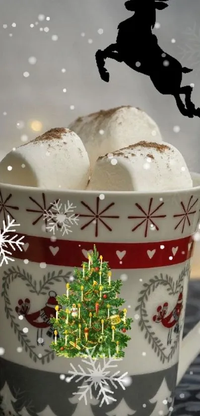 Festive mug with snowflakes and marshmallows.