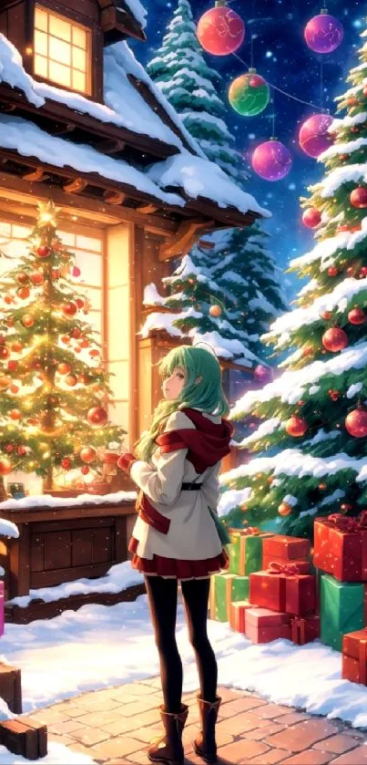 Cozy cabin decorated for Christmas with snowy trees and glowing lights.