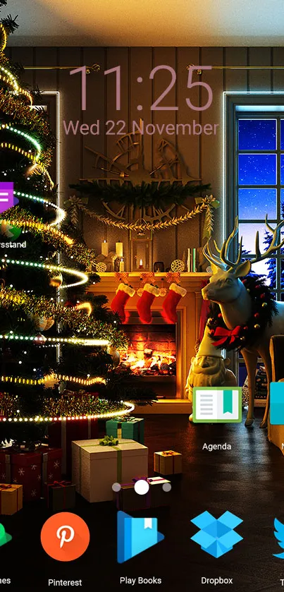 Festive Christmas wallpaper with tree and fireplace.