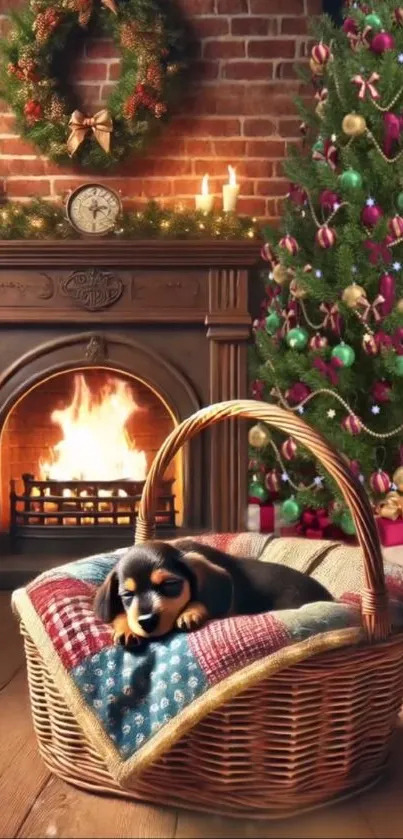 Sleeping puppy in basket by Christmas fireplace.