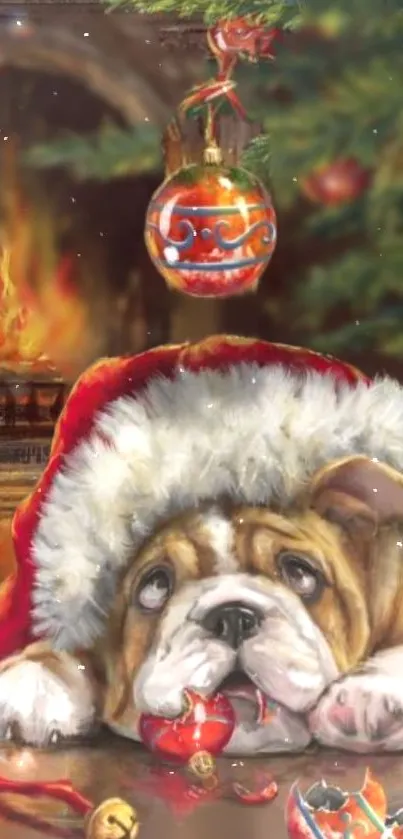 Cozy bulldog in Santa hat by a festive Christmas fireplace.