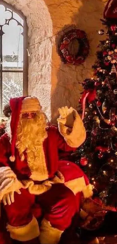 Santa sitting by a Christmas tree with presents, in a cozy decorated room.