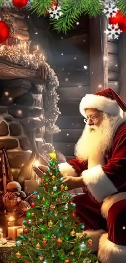 Santa Claus by fireplace with Christmas tree and gifts in a cozy holiday setting.