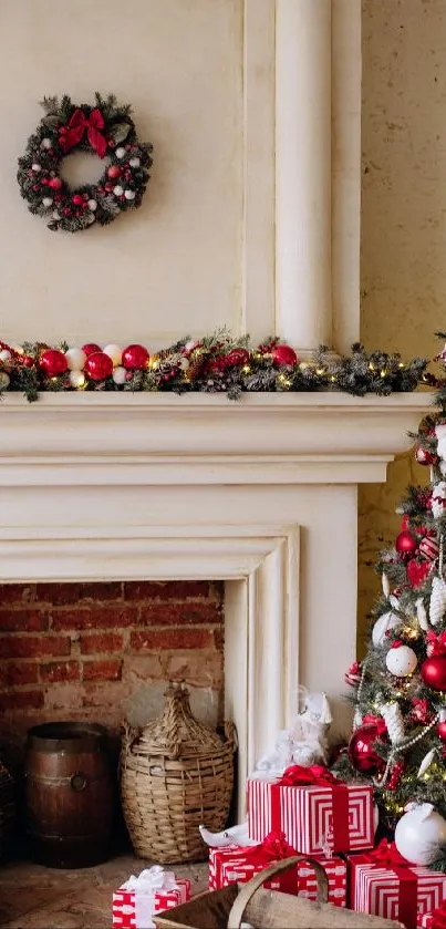 Festive room with Christmas tree, gifts, and fireplace.