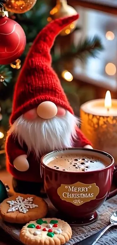 Christmas gnome with coffee and cookies