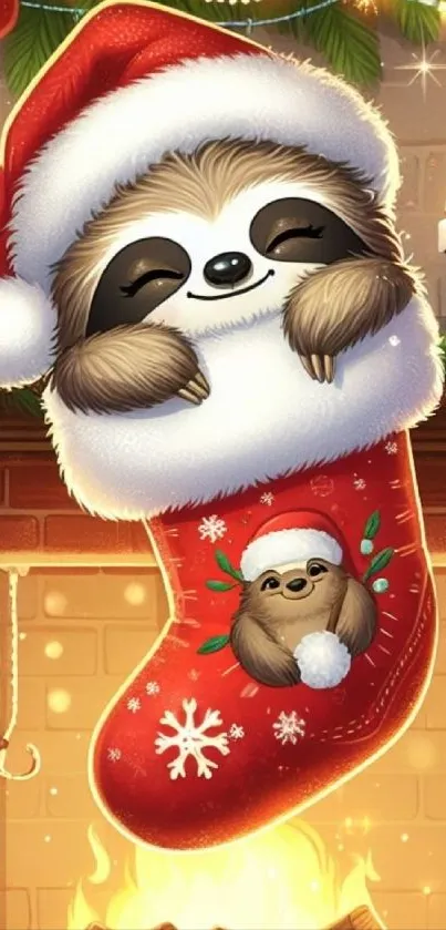 Cute sloth in Christmas stocking by fireplace.