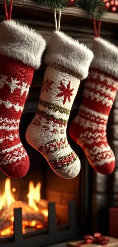Three festive Christmas stockings hanging by a cozy fireplace.
