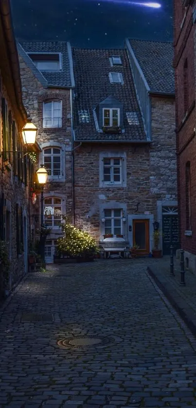 Cozy Christmas street scene with lights and festive decorations.