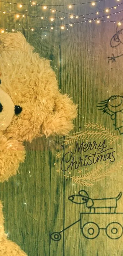 Cozy Christmas wallpaper with teddy bear and doodles on wood.