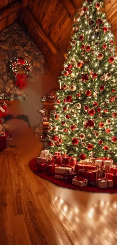 Cozy Christmas tree with gifts in a warm, decorated room.