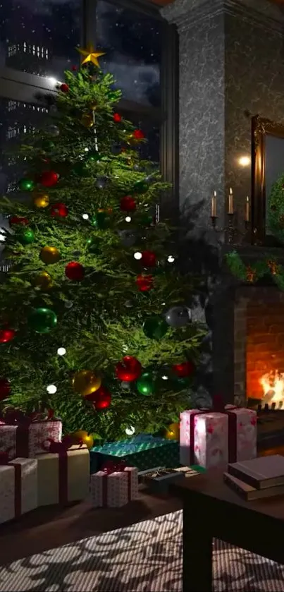 Christmas tree by a cozy fireplace with gifts.