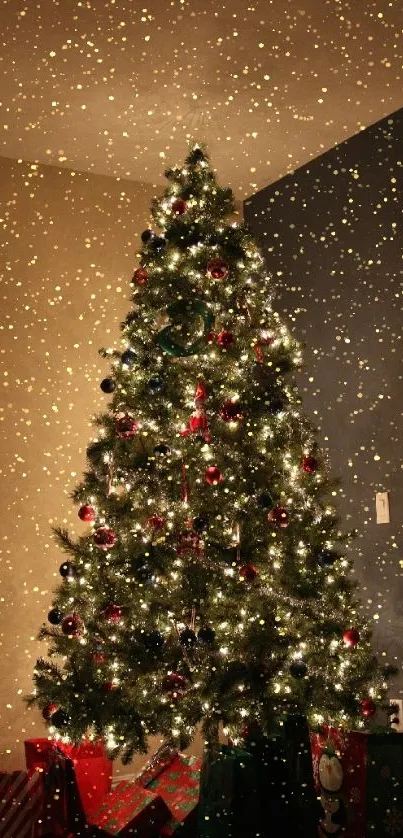 Christmas tree with lights and gifts, creating a warm holiday atmosphere indoors.