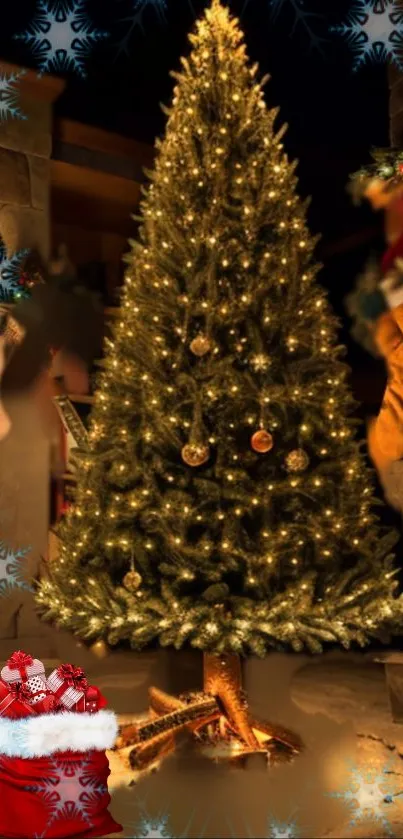 Cozy Christmas tree with golden lights and festive decor.