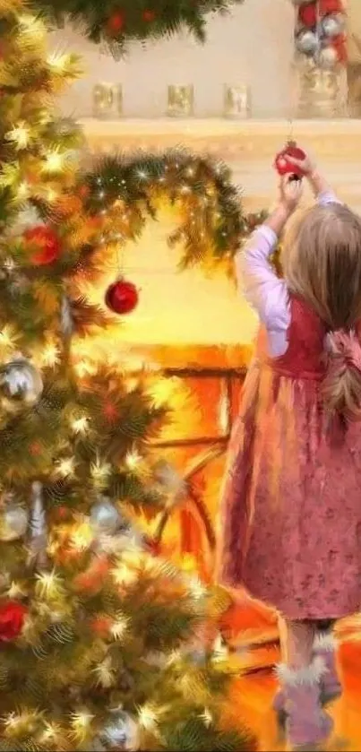 Child decorating Christmas tree in cozy room with warm lighting.