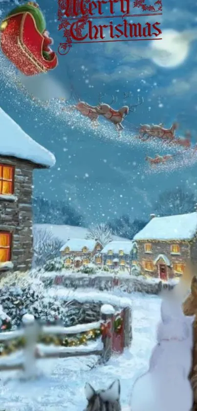 Santa flies over a snowy Christmas village at night with festive lights and cozy homes.