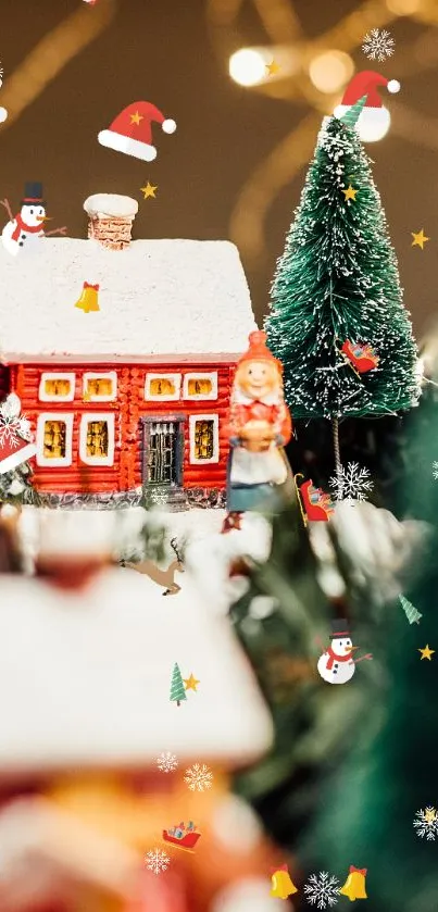 Miniature Christmas village with festive lights.