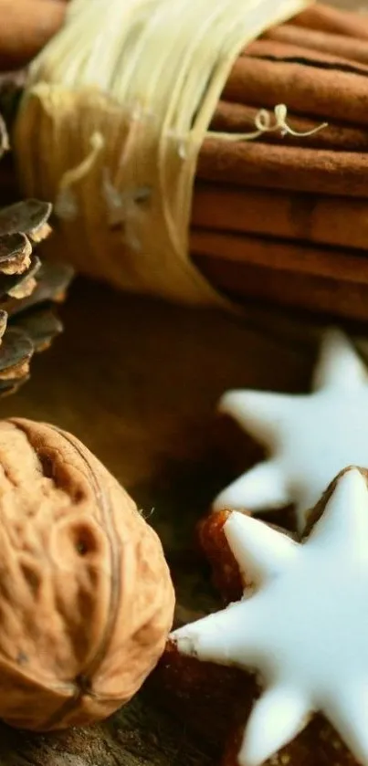 Cozy wallpaper with cinnamon sticks and star cookies.