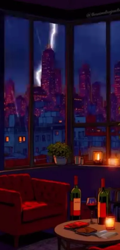 Cozy urban interior with city view and lightning.