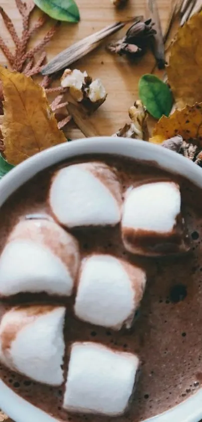 Warm bowl of hot cocoa with marshmallows and autumn leaves on wooden background.