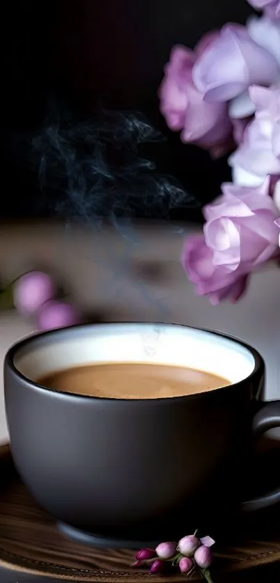 Steaming coffee cup with purple flowers in a cozy setting.