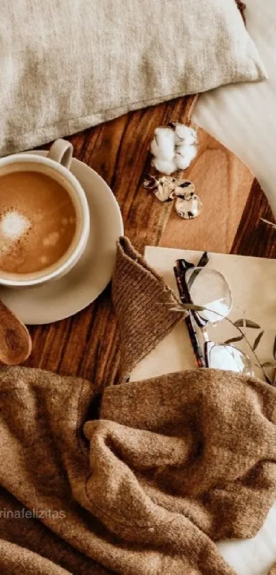 Cozy coffee setup with warm tones and rustic decor in a mobile wallpaper.