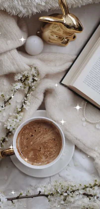 Cozy scene with coffee, book, and flowers in a soft beige setting.