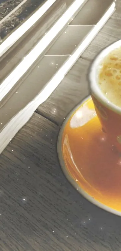 Orange coffee cup and books on a wooden table background.