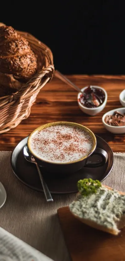 A cozy scene with coffee and bread on a wooden table.