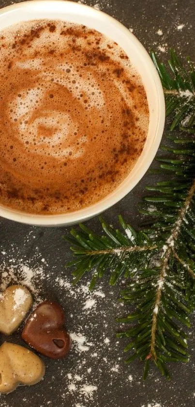 Cozy cup of coffee with cookies and winter greenery on a rustic background.