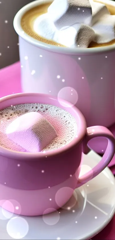 Two cozy coffee cups with marshmallows on pink napkins.