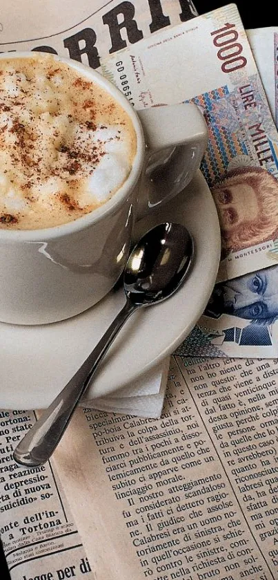 Cozy scene with coffee, newspaper, and vintage money.