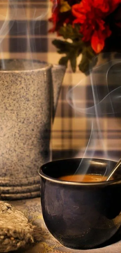 Cozy scene with steaming coffee cup and rustic teapot.